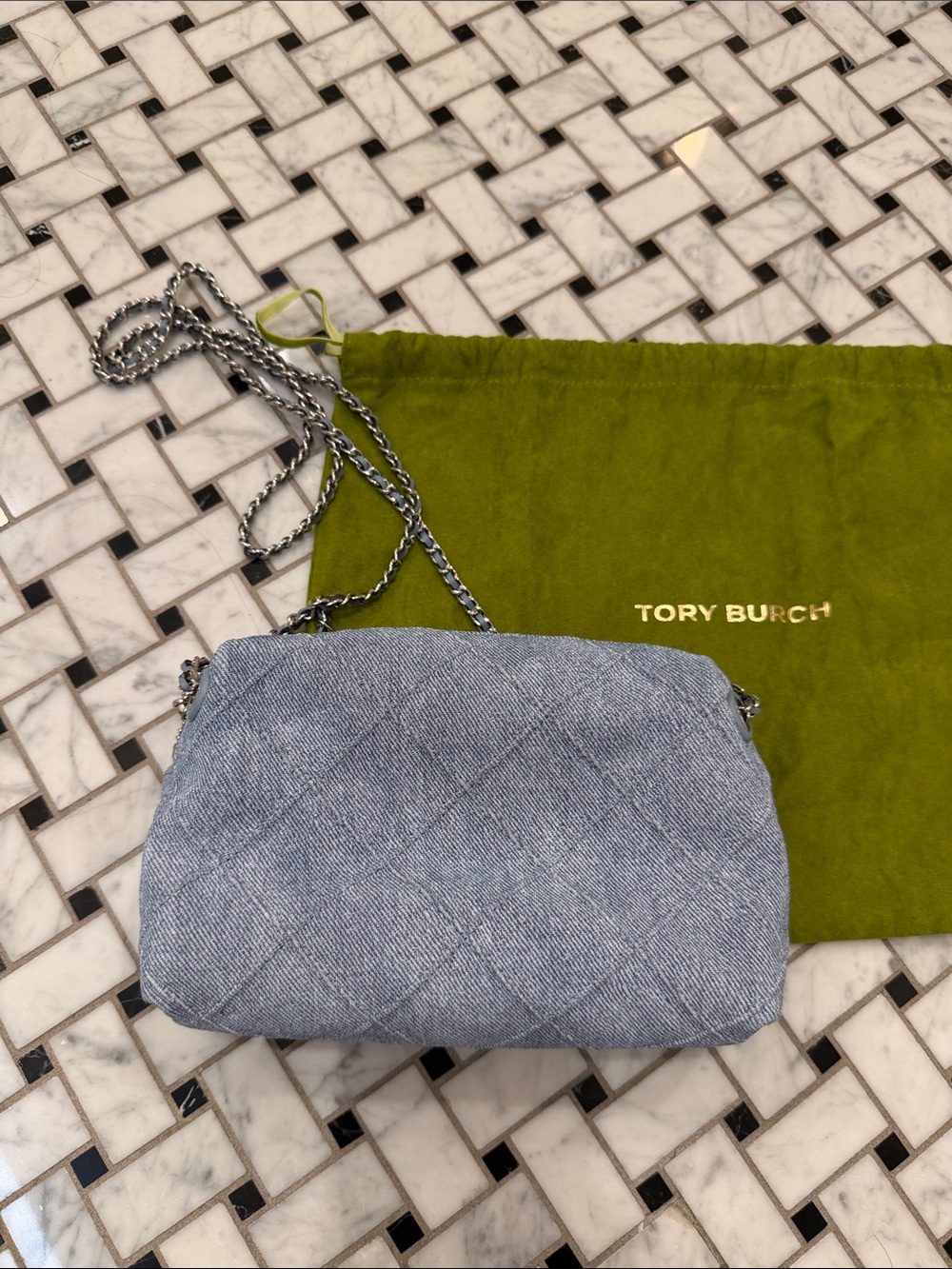 Tory Burch Quilted Light Blue Denim suede Chain Crossbody